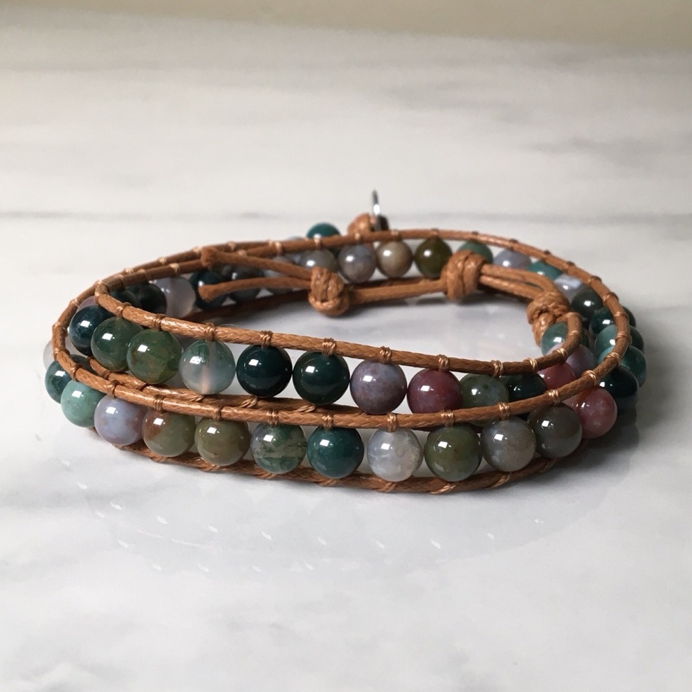 Francesca’s Jade Bead Leather Wrap Bracelet